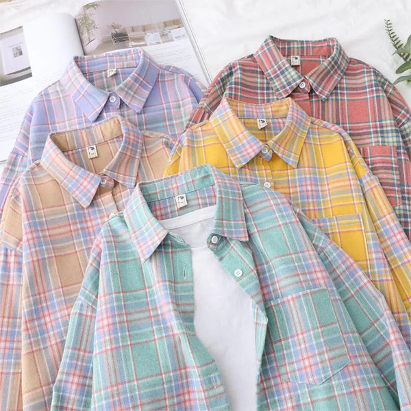 2023 New Fashion Loose Womens Plaid Shirt Fresh College Style - Hit Fash