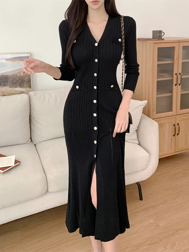 Summer Midi Dress Women Knitted Black Bodycon - Hit Fash