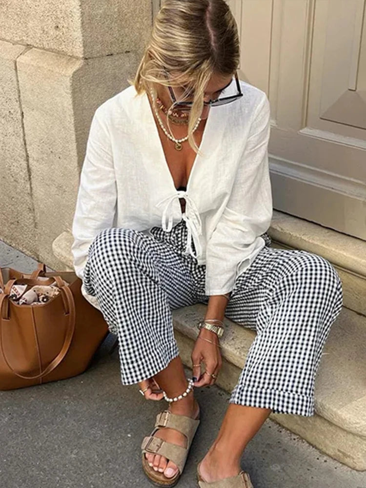 Solid Lace Up Bow Shirts - Hit Fash