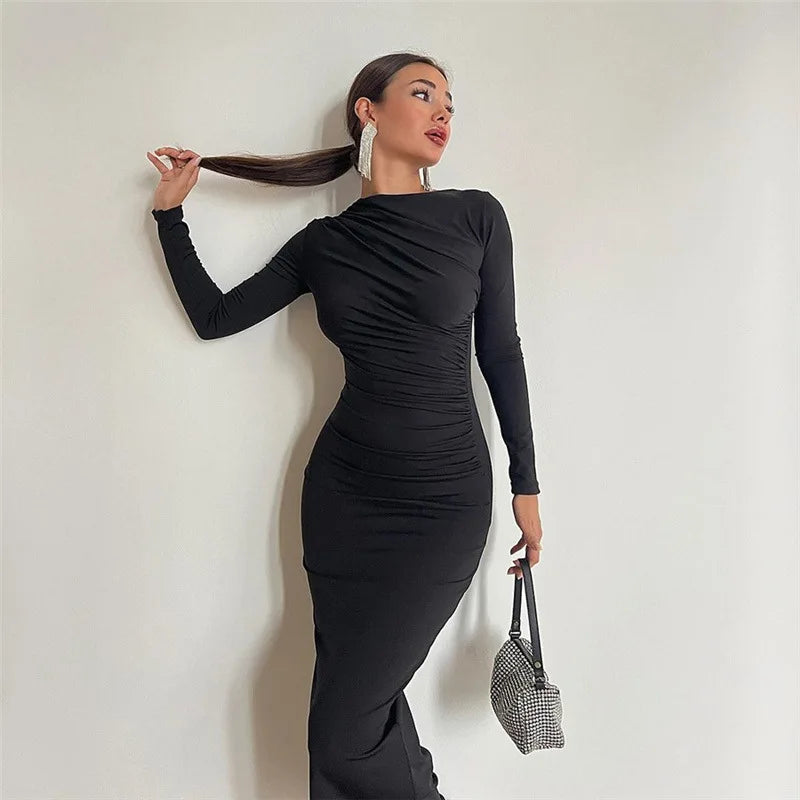 Elegant ruched long bodycon dress for women in black color - Full View