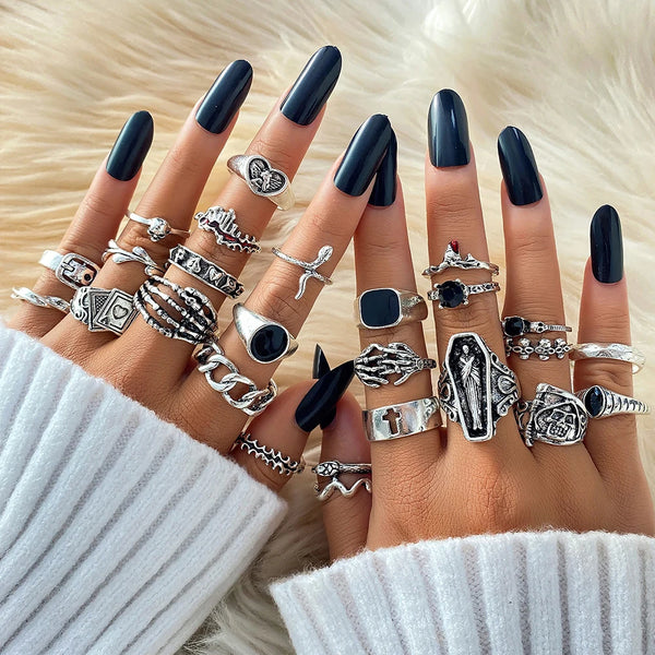 Gothic Silver Color Rings Set for Women Vintage Halloween - Hit Fash