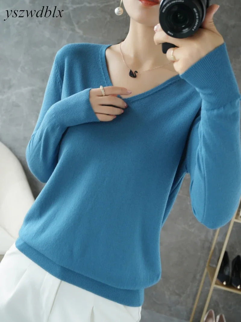 Womens Sweaters Spring Autumn V-neck Knitted Pullovers - Hit Fash