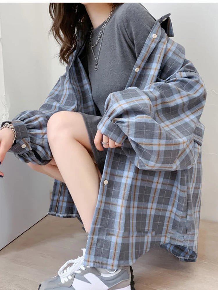 Fashion Plaid Women Shirt Fashion Korean Oversize Tops - Hit Fash