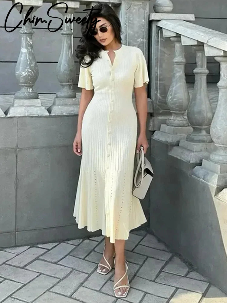 Elegant knitted ribbed long dress for women in White - Front View