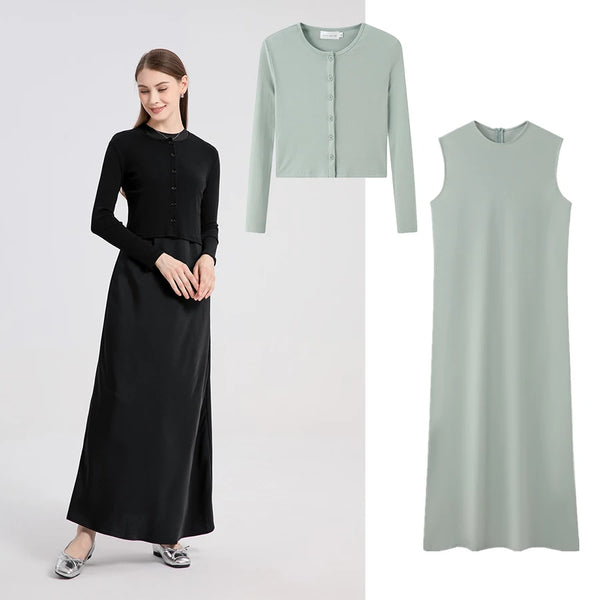 High Stretch ribbing closed-fit wrap tops + Matte Satin dress - Hit Fash