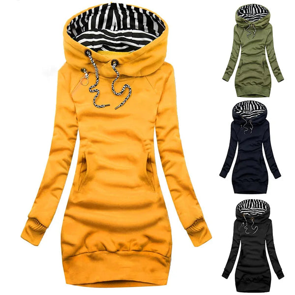 Hoodie Dress Casual Solid Colour Long Sleeve Drawstring Hoodie - Hit Fash