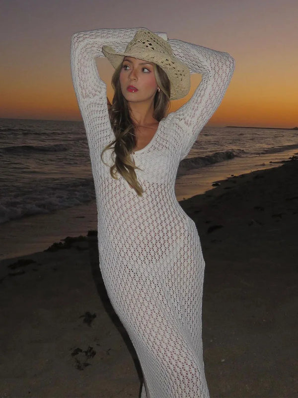 Sexy Women White Long Knit Sleeve Bikin Backless Dress - Hit Fash