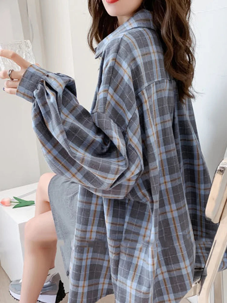 Fashion Plaid Women Shirt Fashion Korean Oversize Tops - Hit Fash