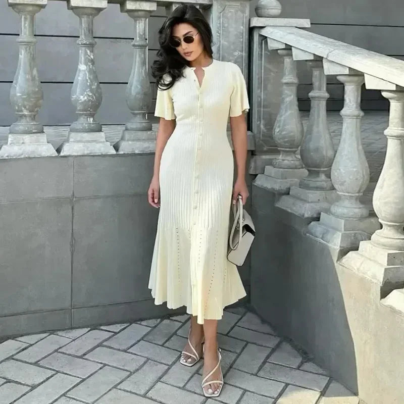 Elegant knitted ribbed long dress for women in White - Full View