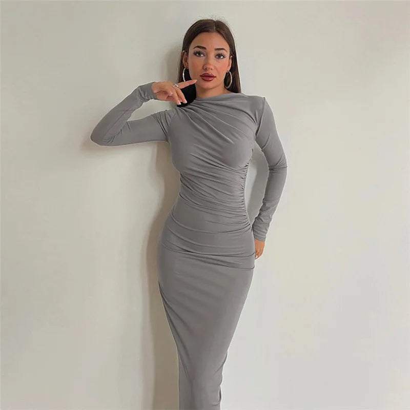 Elegant ruched long bodycon dress for women in gray color