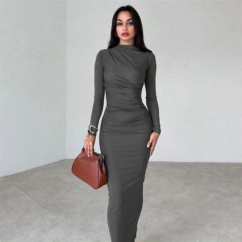 Elegant ruched long bodycon dress for women in dark gray color