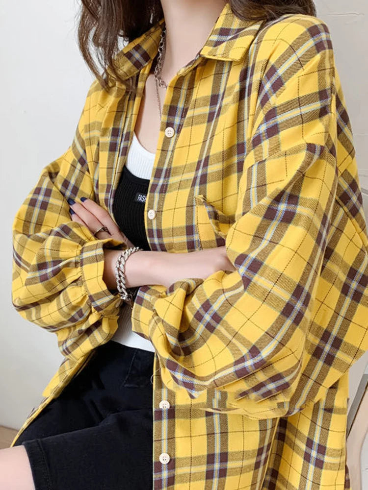 Fashion Plaid Women Shirt Fashion Korean Oversize Tops - Hit Fash