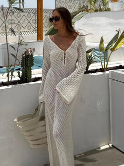 Sexy Women White Long Knit Sleeve Bikin Backless Dress - Hit Fash