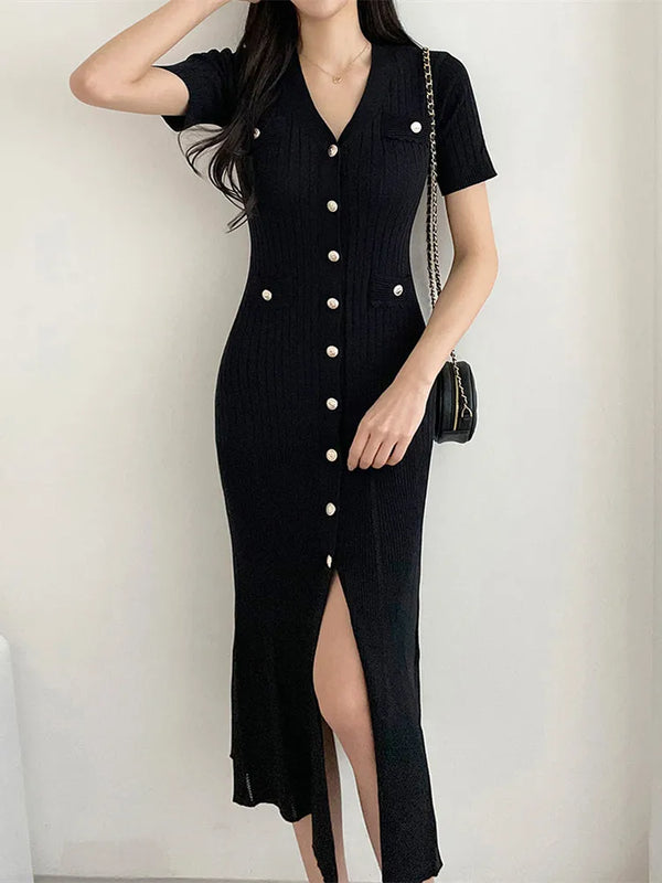 Summer Midi Dress Women Knitted Black Bodycon - Hit Fash