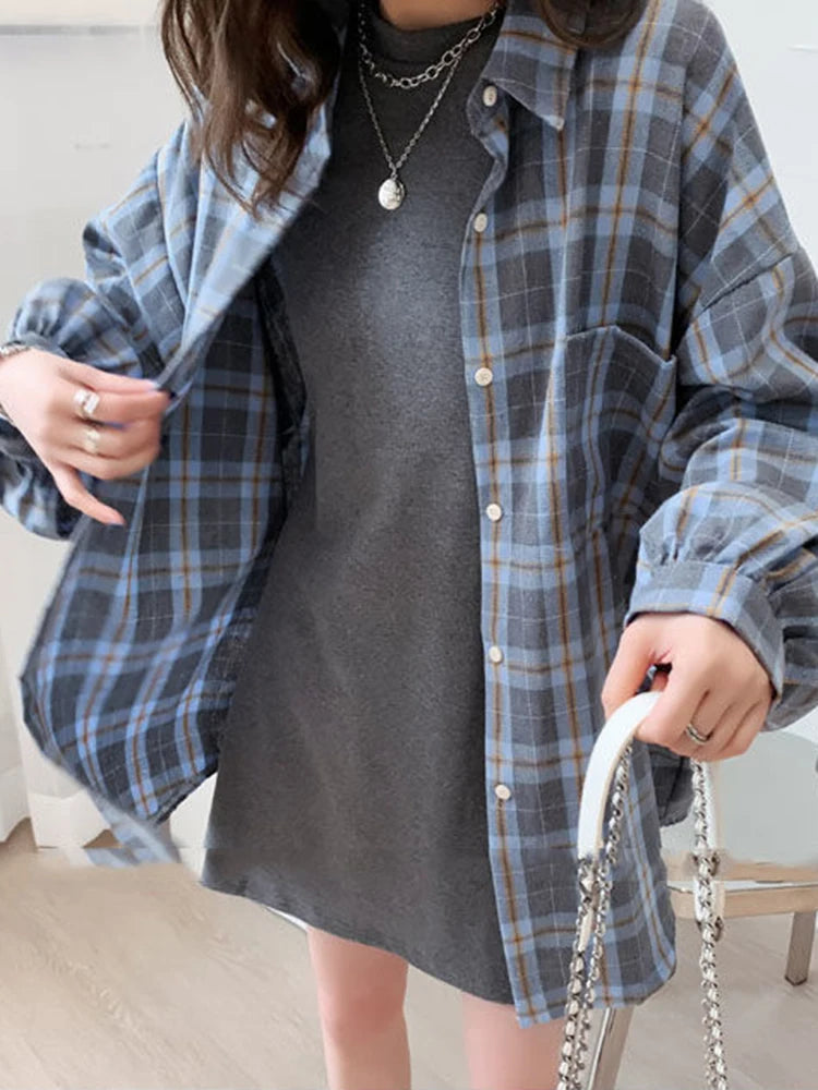 Fashion Plaid Women Shirt Fashion Korean Oversize Tops - Hit Fash