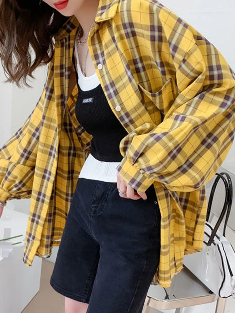 Fashion Plaid Women Shirt Fashion Korean Oversize Tops - Hit Fash