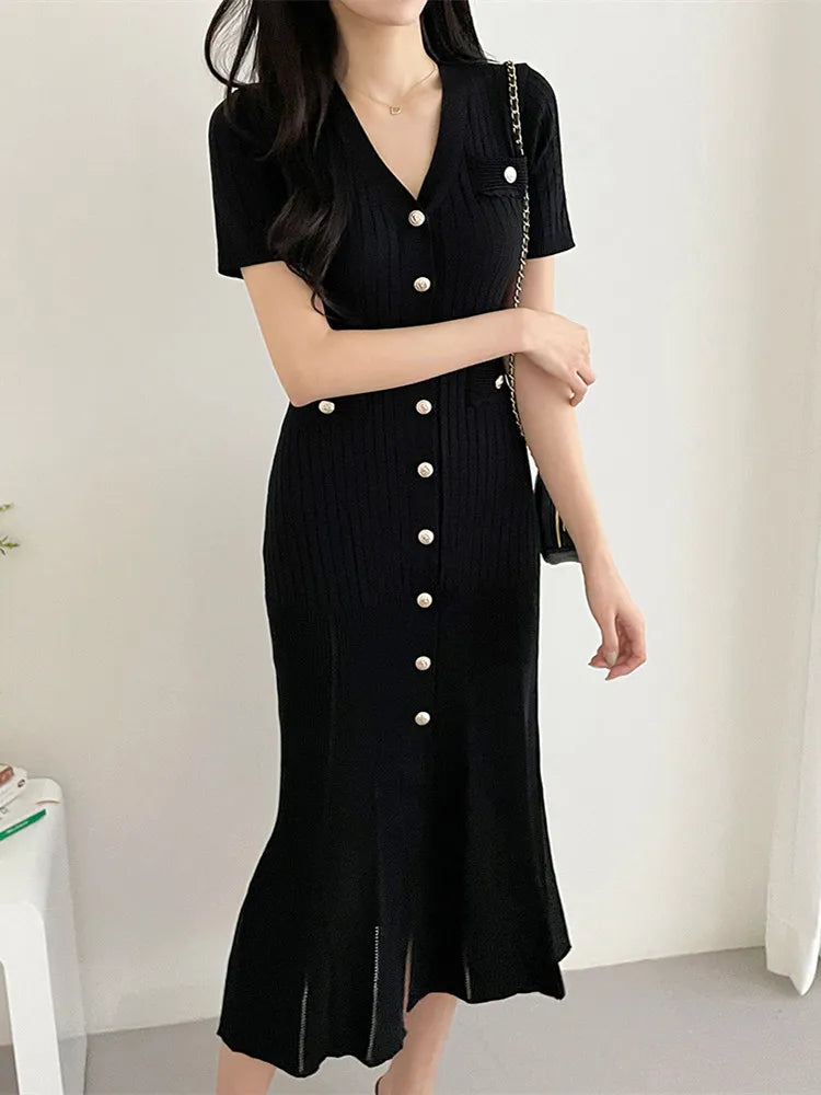 Summer Midi Dress Women Knitted Black Bodycon - Hit Fash