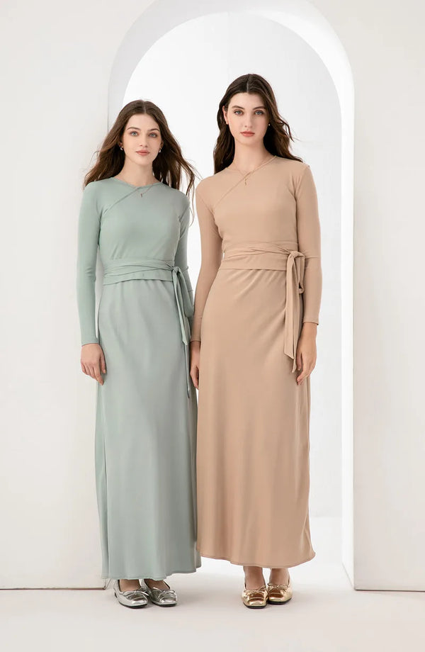 High Stretch ribbing closed-fit wrap tops + Matte Satin dress - Hit Fash