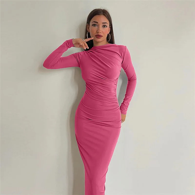 Elegant ruched long bodycon dress for women in pink color