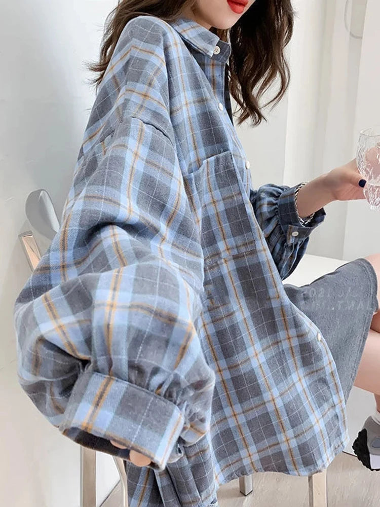 Fashion Plaid Women Shirt Fashion Korean Oversize Tops - Hit Fash