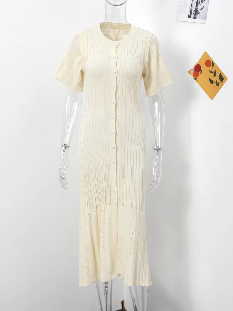 Elegant knitted ribbed long dress for women in White - Product Show