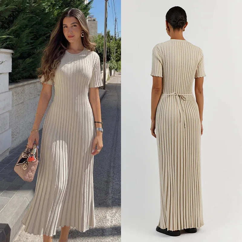 Elegant knitted ribbed long dress for women in White - Front View and Back View