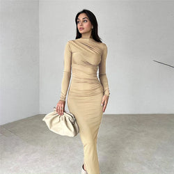 Elegant ruched long bodycon dress for women in soil color