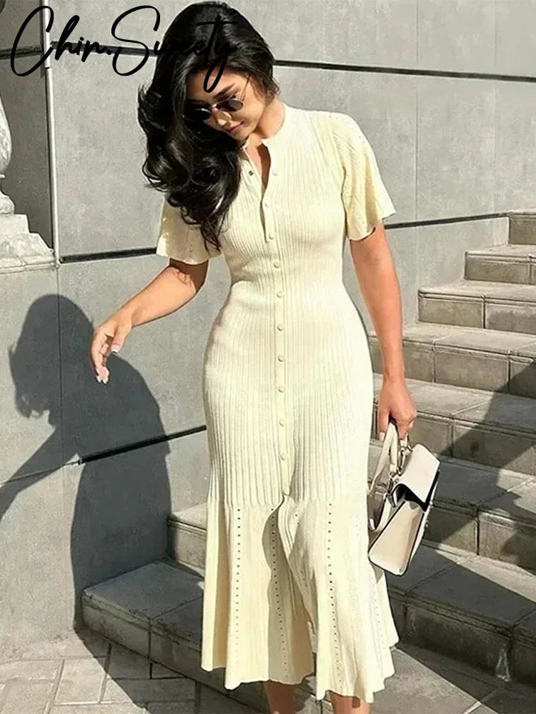 Elegant knitted ribbed long dress for women in White - Front View