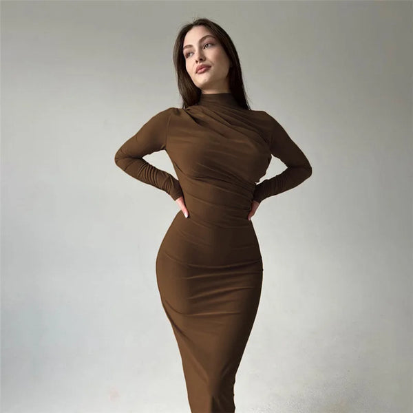 Elegant ruched long bodycon dress for women in brown color