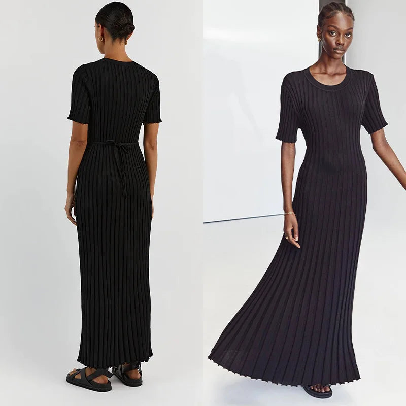 Elegant knitted ribbed long dress for women in Black - Front View and Back View